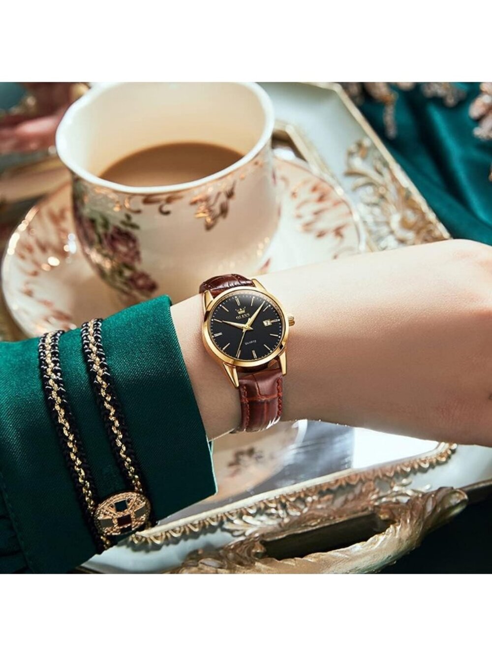 Olevs Womens Black Dial Brown Leather Analog Waterproof Reloj Mujer Luxury Watch - Picture 5 of 6